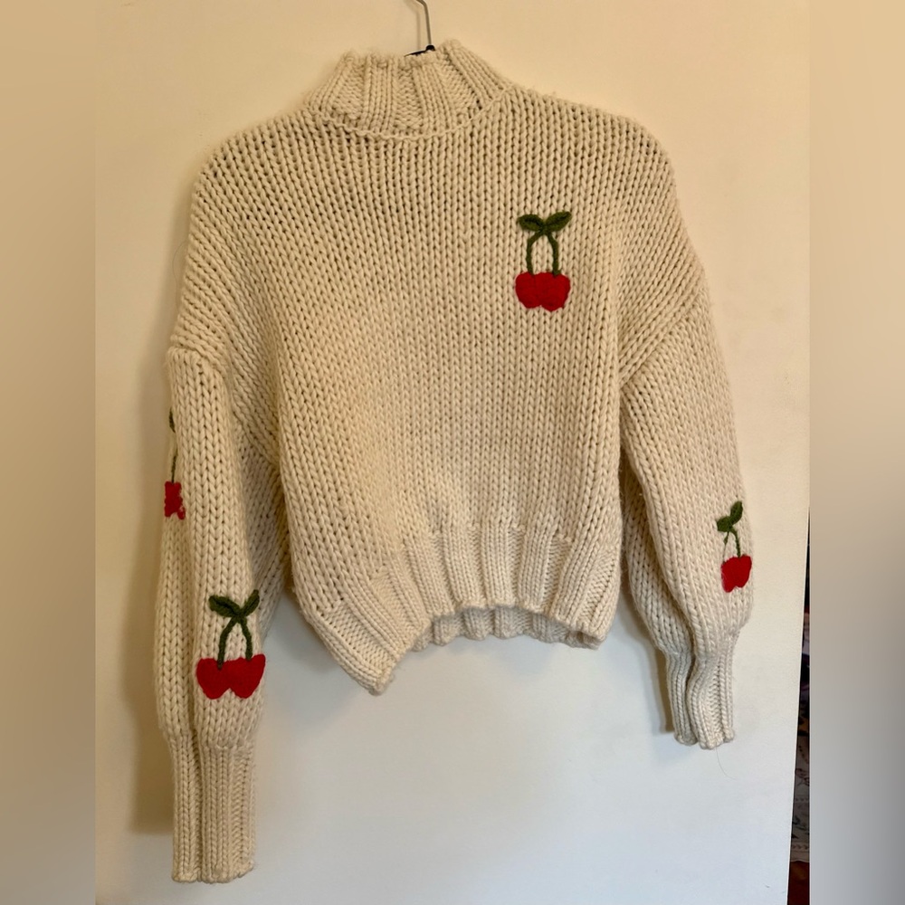 NWT Forever 21 Cream Cowl/Turtleneck with Red Cherry Design